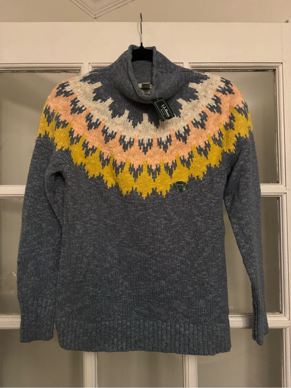 L.L. Bean | Cotton Rag sweater, funnel neck pullover fair isle size small petite